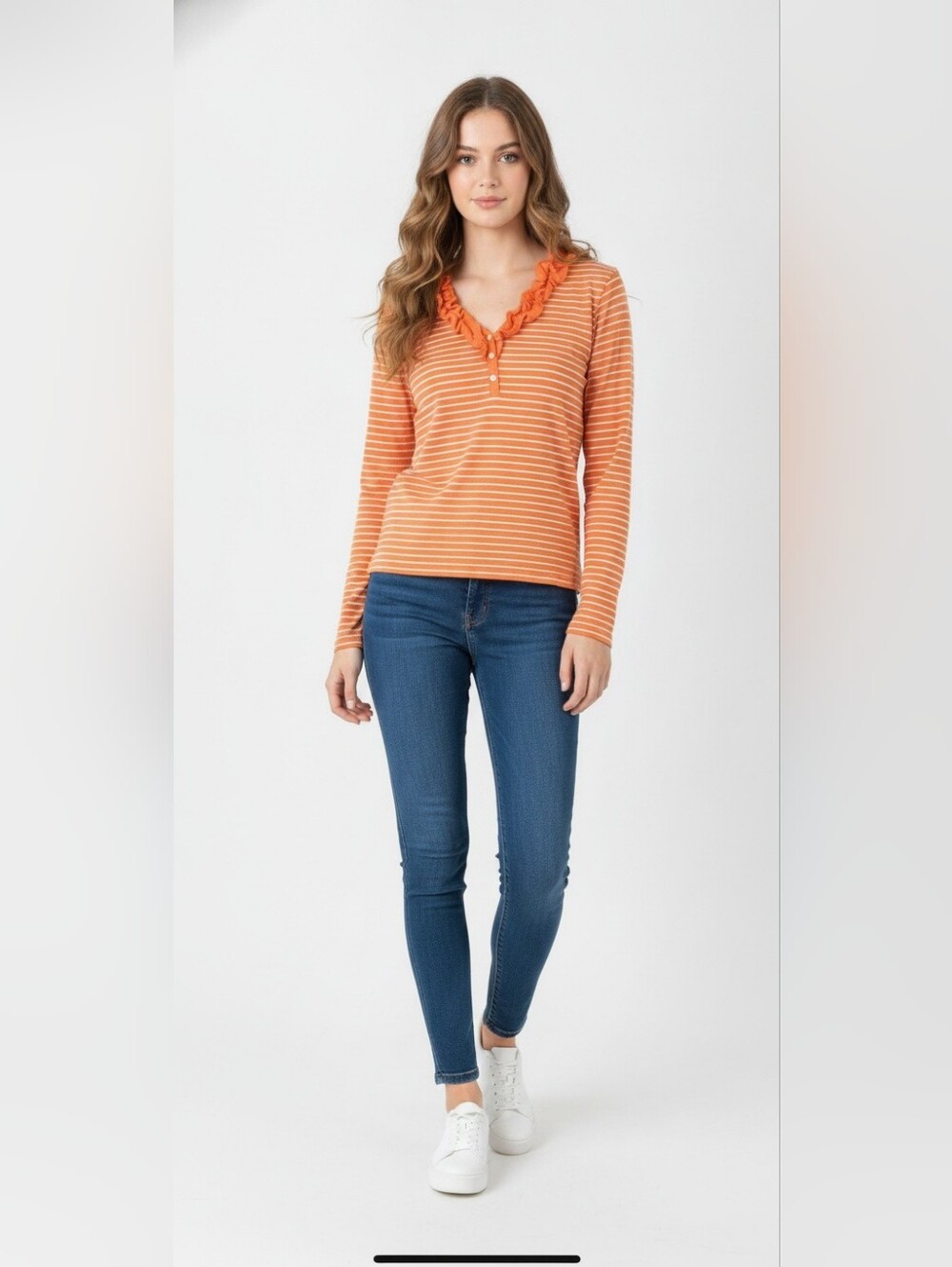 Ralph Lauren Green Label Orange and White Striped Ruffled V-Neck Long Sleeve Top